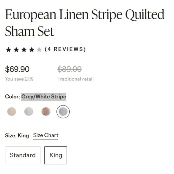 NWOT QUINCE European Linen Stripe Quilted King Sham Set Grey/White Stripe (Q10) - Picture 4 of 7